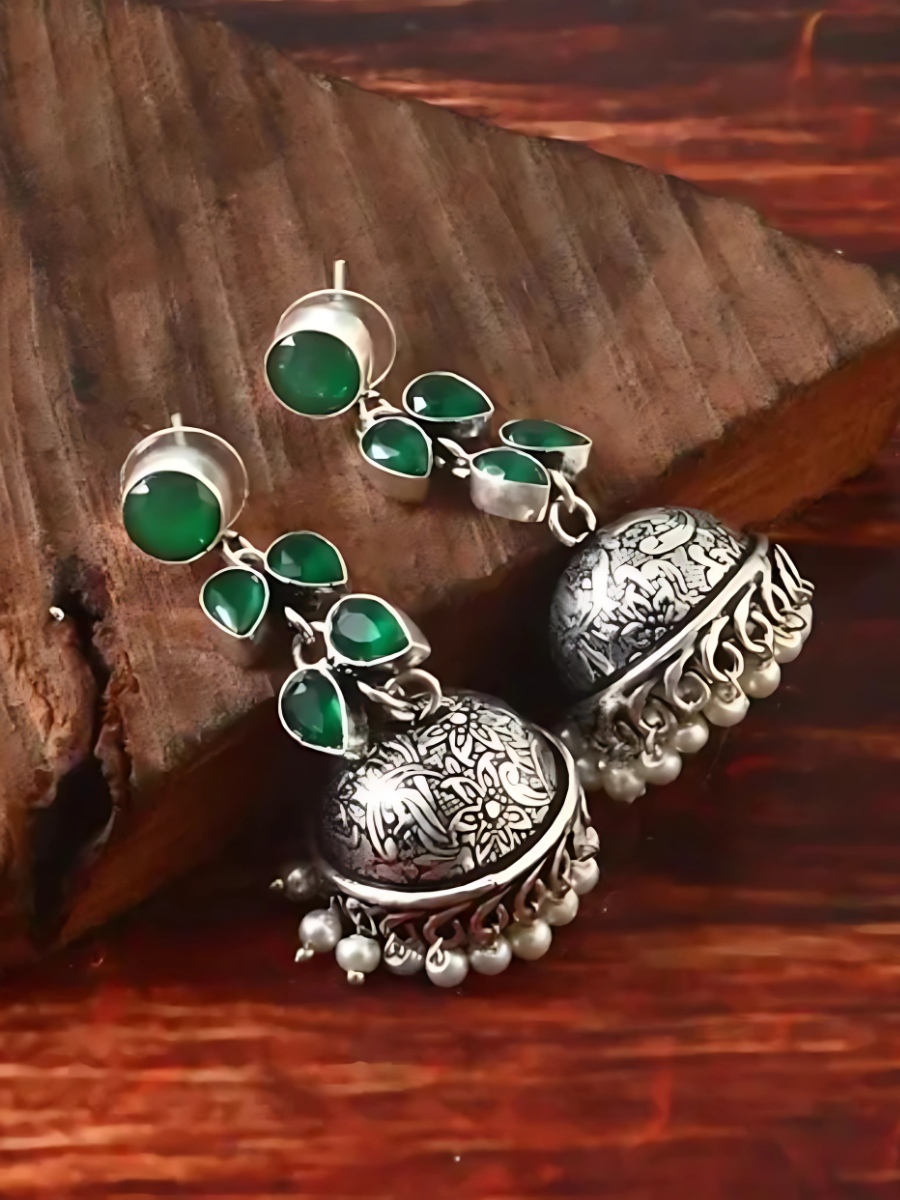 Buy Elegant Green Stones Oxidised Silver Drop Jhumka Earrings Online - TheJewelbox