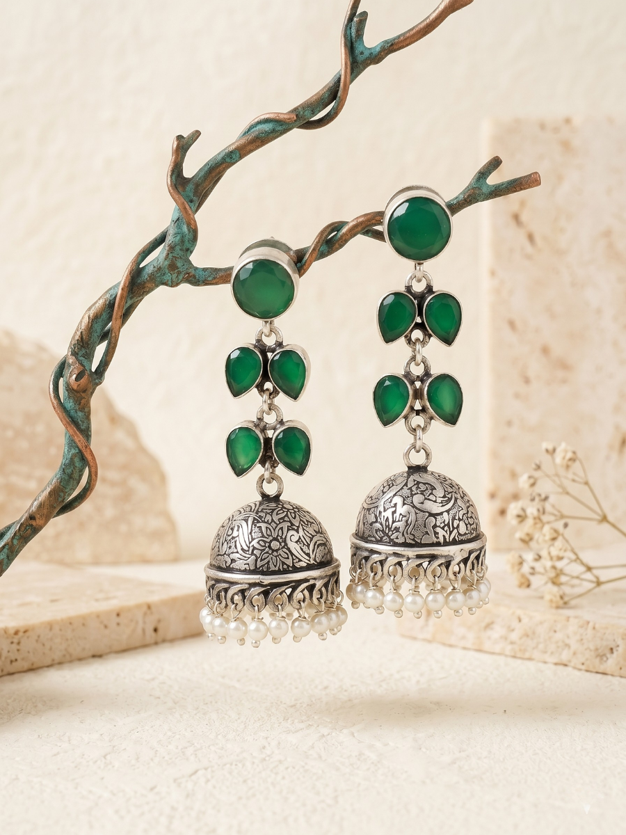 Buy Elegant Green Stones Oxidised Silver Drop Jhumka Earrings Online in India
