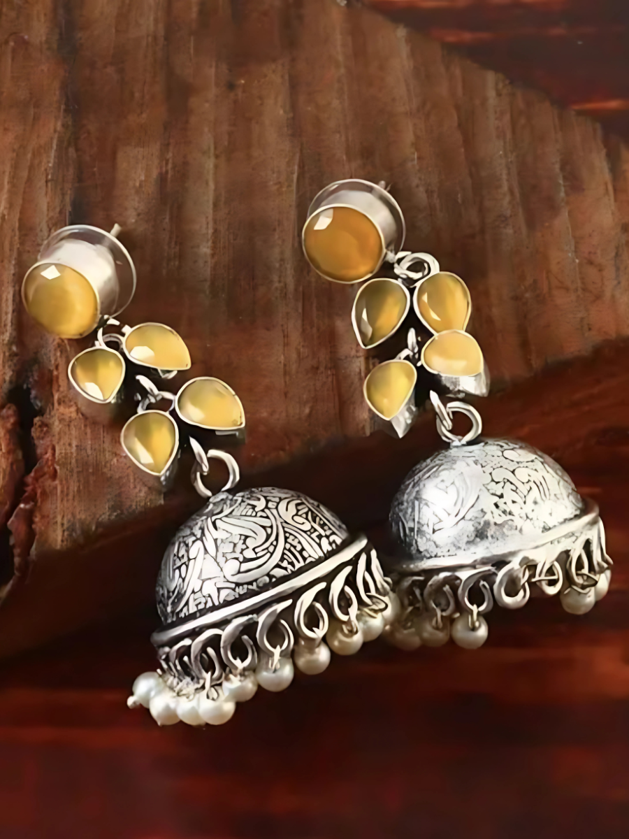 Buy Elegant Yellow Stones Oxidised Silver Drop Jhumka Earrings Online - TheJewelbox