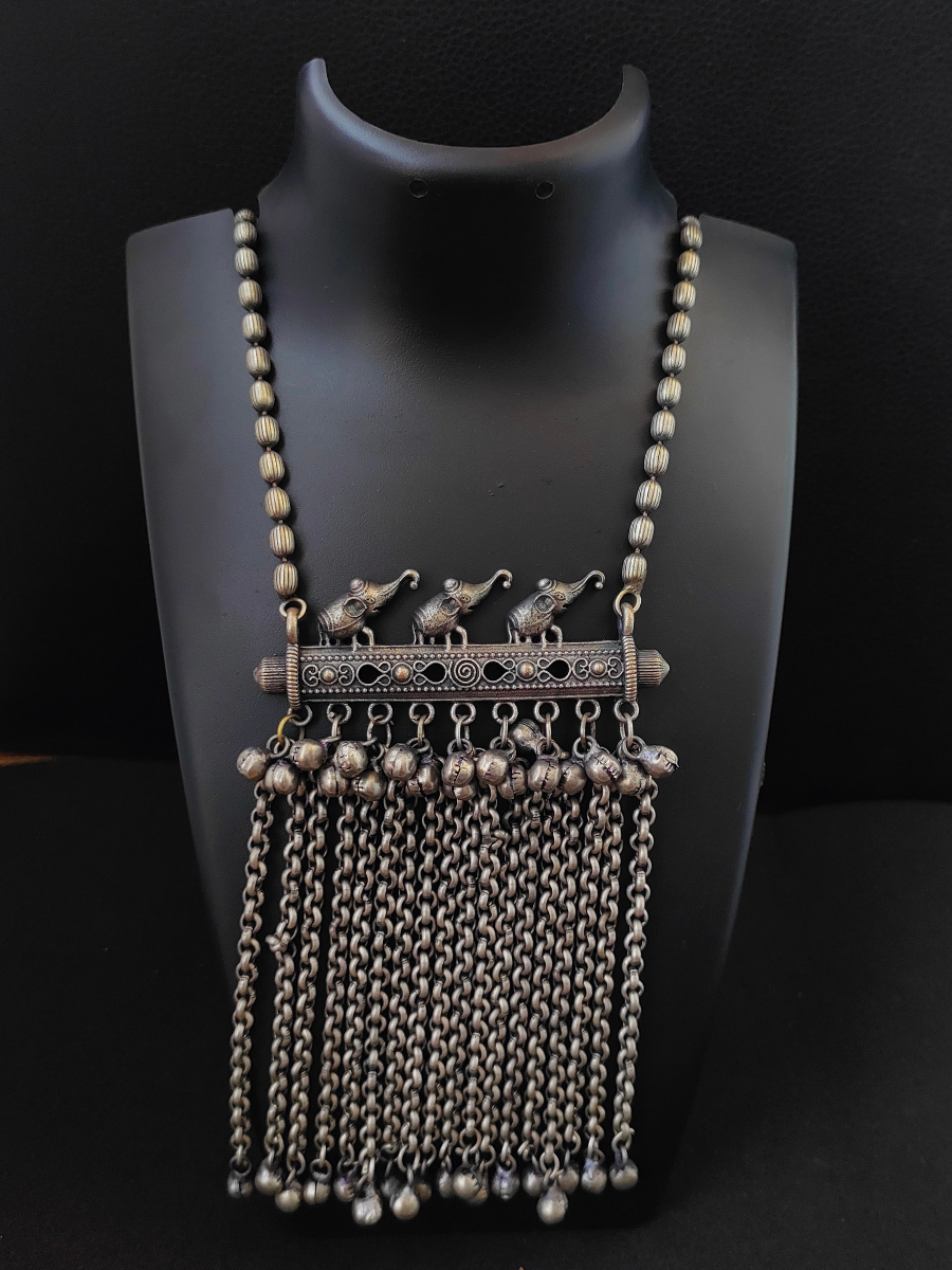 Buy Elephant Style Hanging Gungroo German Silver Oxidised Long Necklace- TheJewelbox