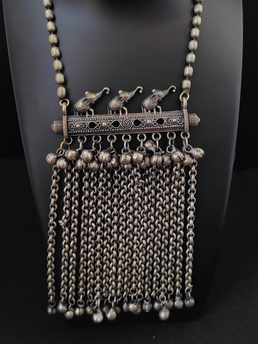 Elephant Style Hanging Gungroo German Silver Oxidised Long Necklace