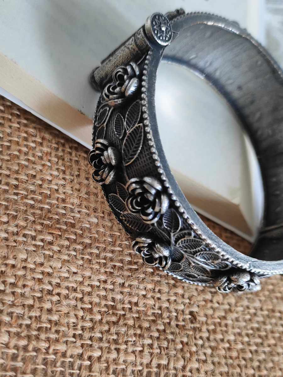 Embossed Flower Style German Silver Oxidised Bangle