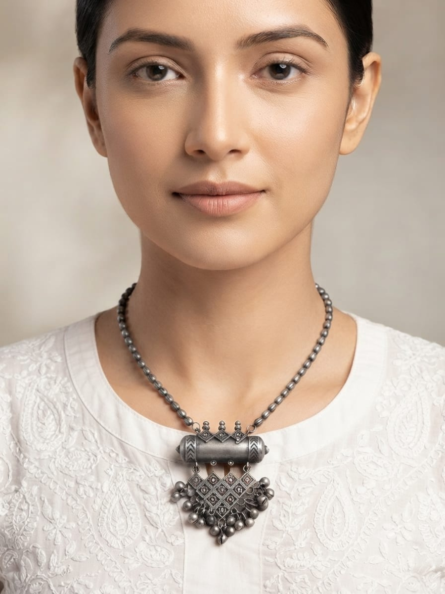 Ethnic Oxidised Silver Beaded Pendant Long Necklace