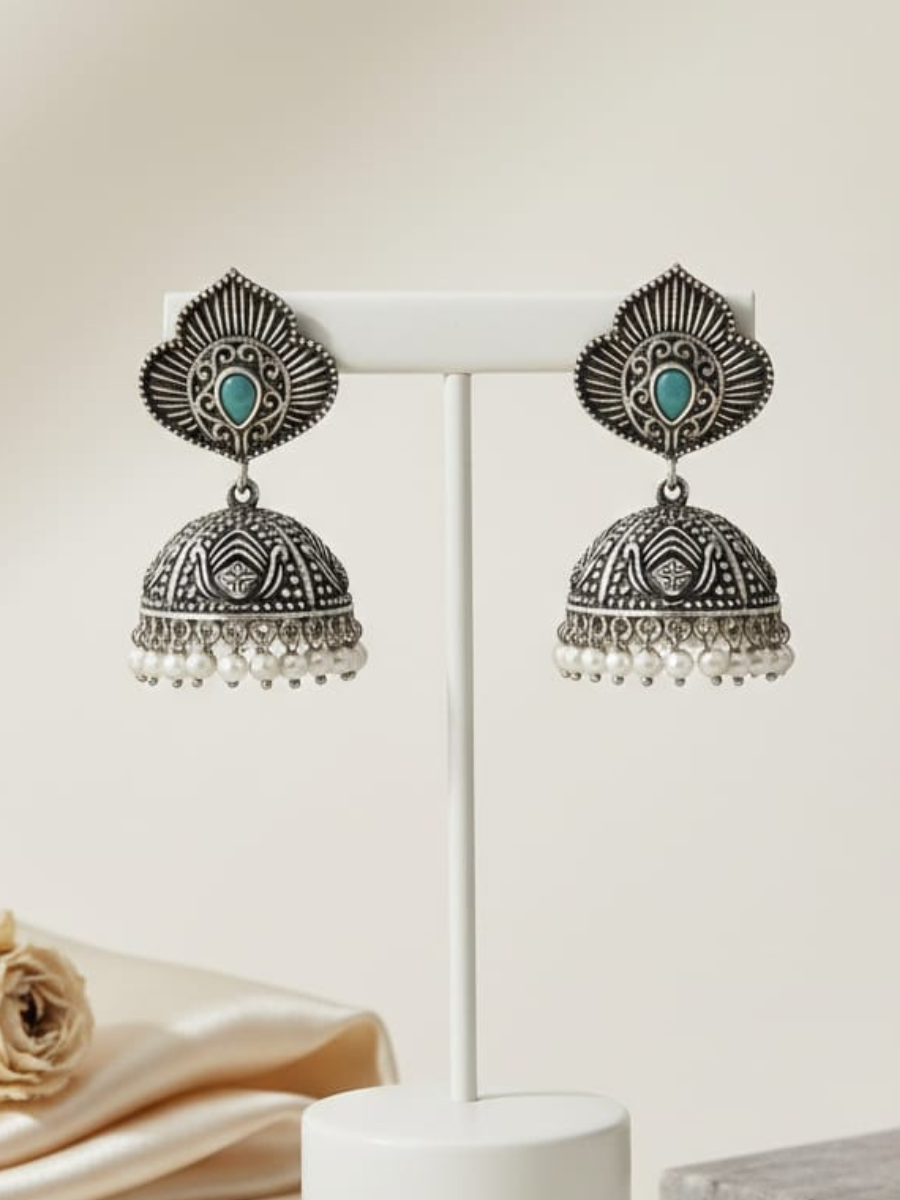 Traditional blue stone temple oxidised silver earrings
