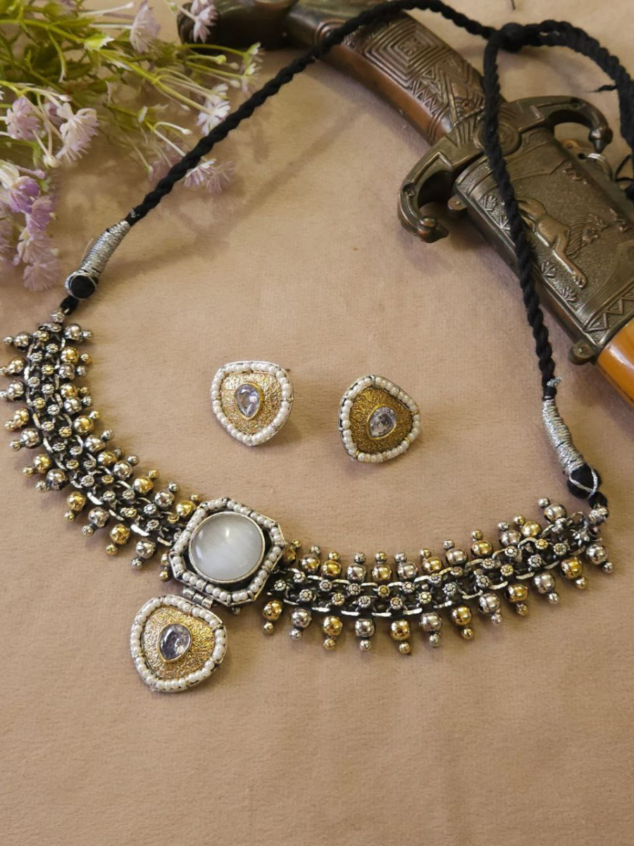 Buy Ethnic White Stone Dual Tone Oxidised Choker Necklace Set Online - TheJewelbox