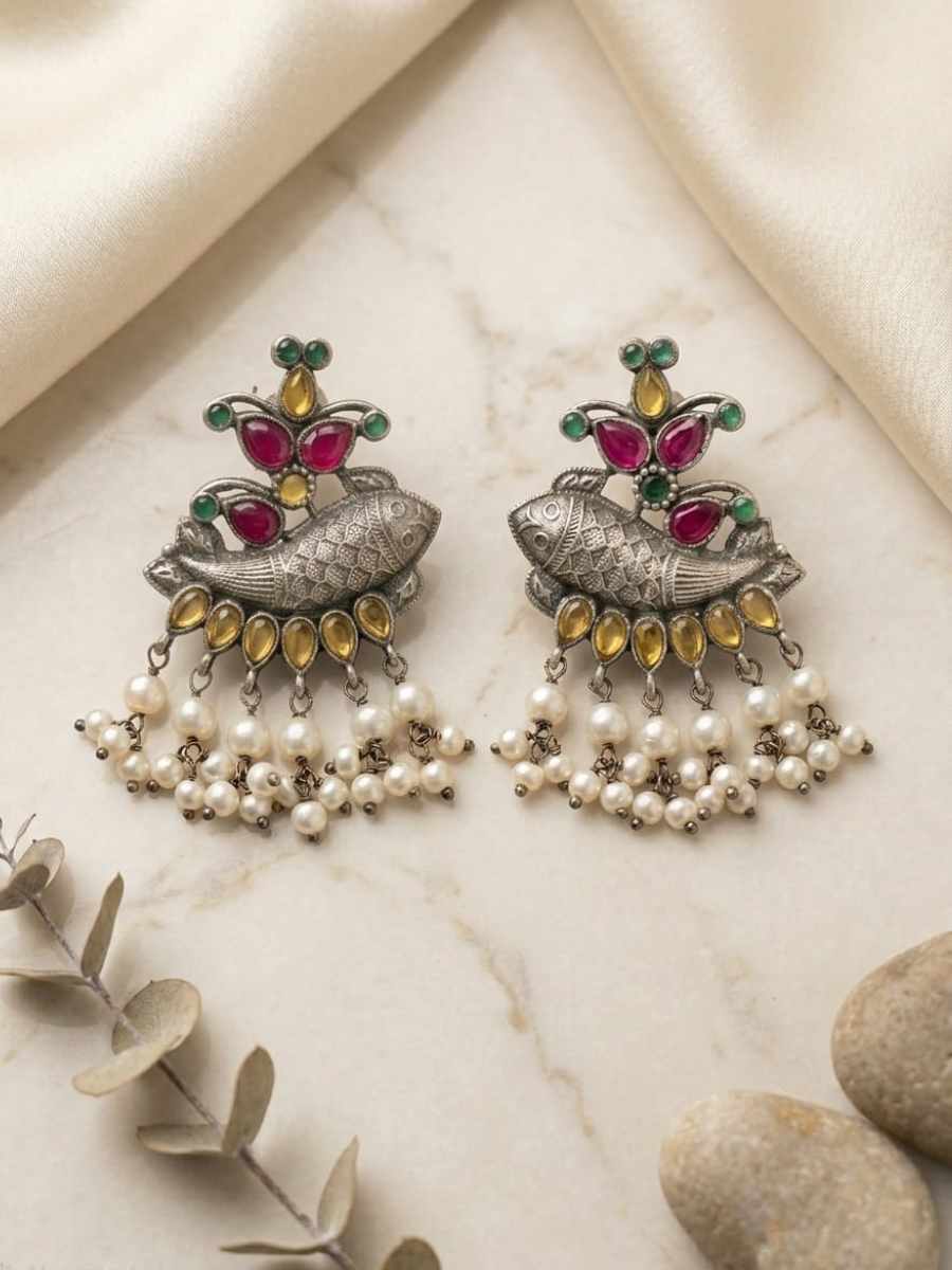 Buy Ethnic Yellow and Pink Fish Motif Oxidised Silver Earrings Online in India