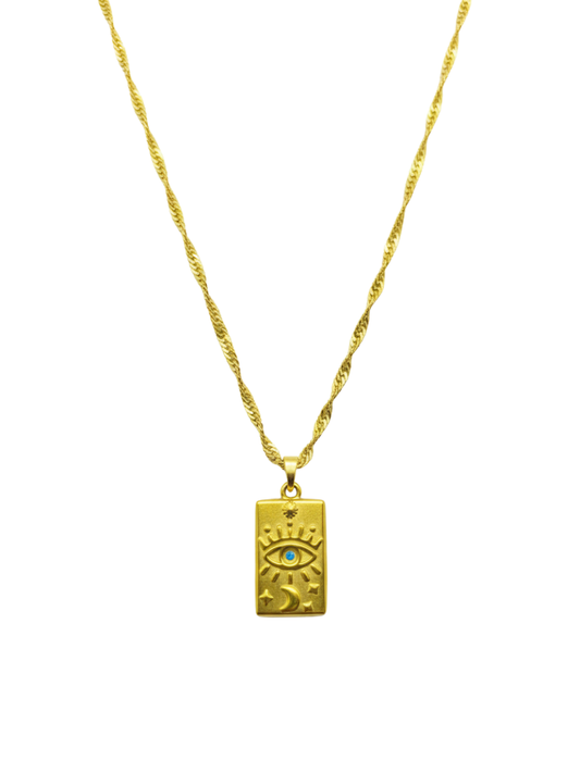 Evil Eye Rectangular Pendant Golden Chain Necklace