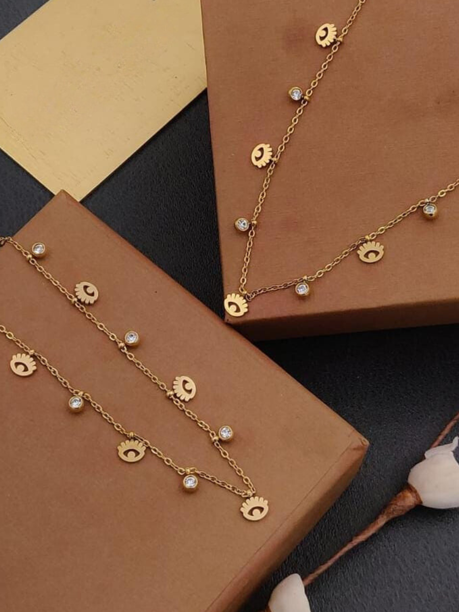 Evil Eye and Diamond Charms Minimal Rose Gold Chain Necklace