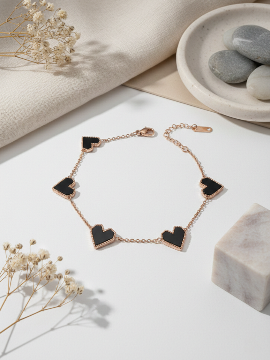 Buy Five of Black Enamelled Heart Charms Rose Gold Bracelet Online