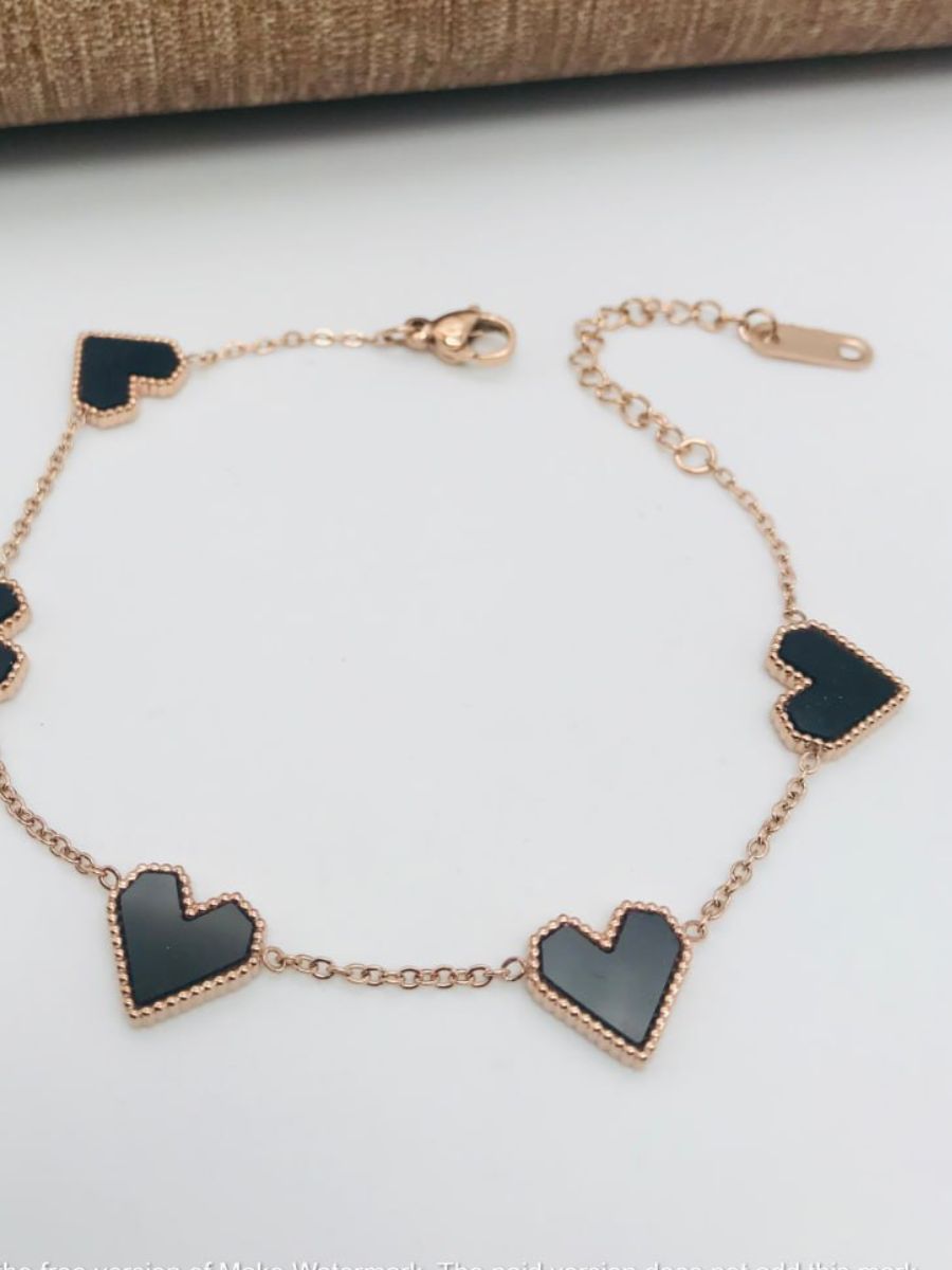 Five of Black Enamelled Heart Charms Rose Gold Bracelet