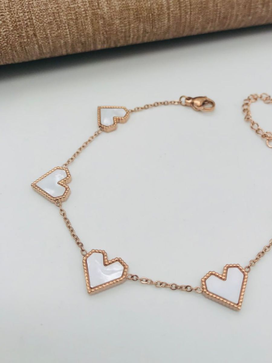 Five of White Enamelled Heart Charms Rose Gold Bracelet