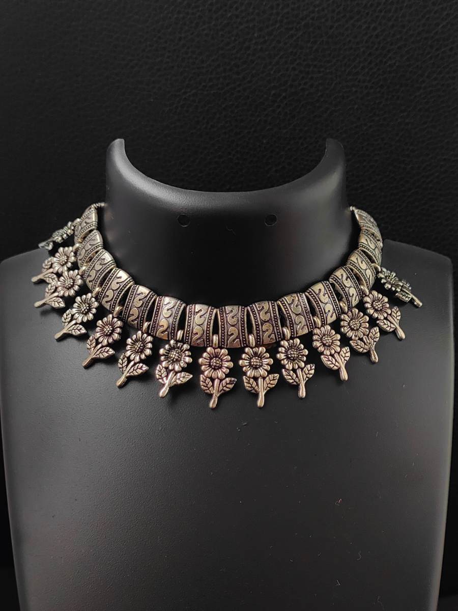 Floral Hangings Oxidised Silver Choker