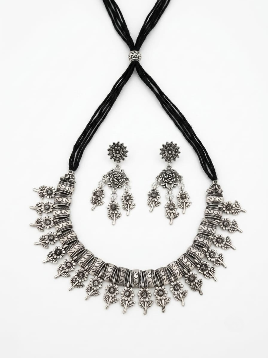 Floral Hangings Oxidised Silver Choker Necklace Set