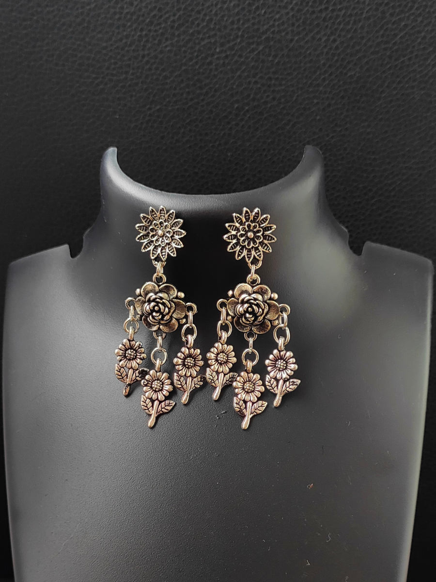 Floral Hangings Oxidised Silver Earrings