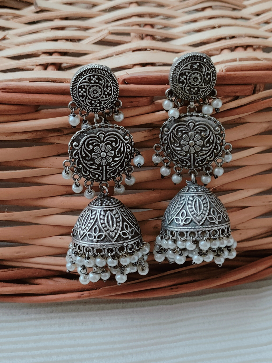 Floral Pattern Big German Silver Oxidised Jhumka Earrings