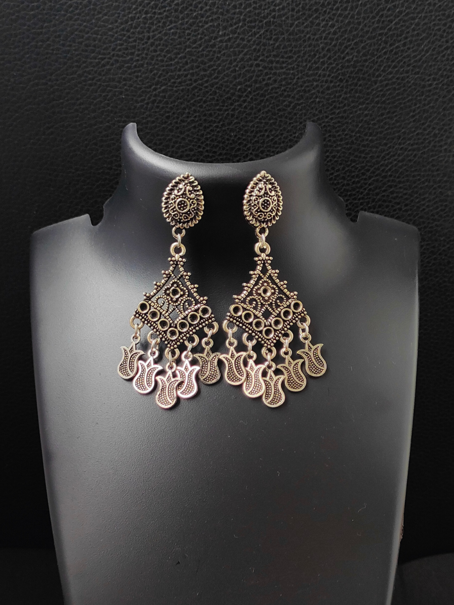Floral Pattern Oxidised Silver Earrings