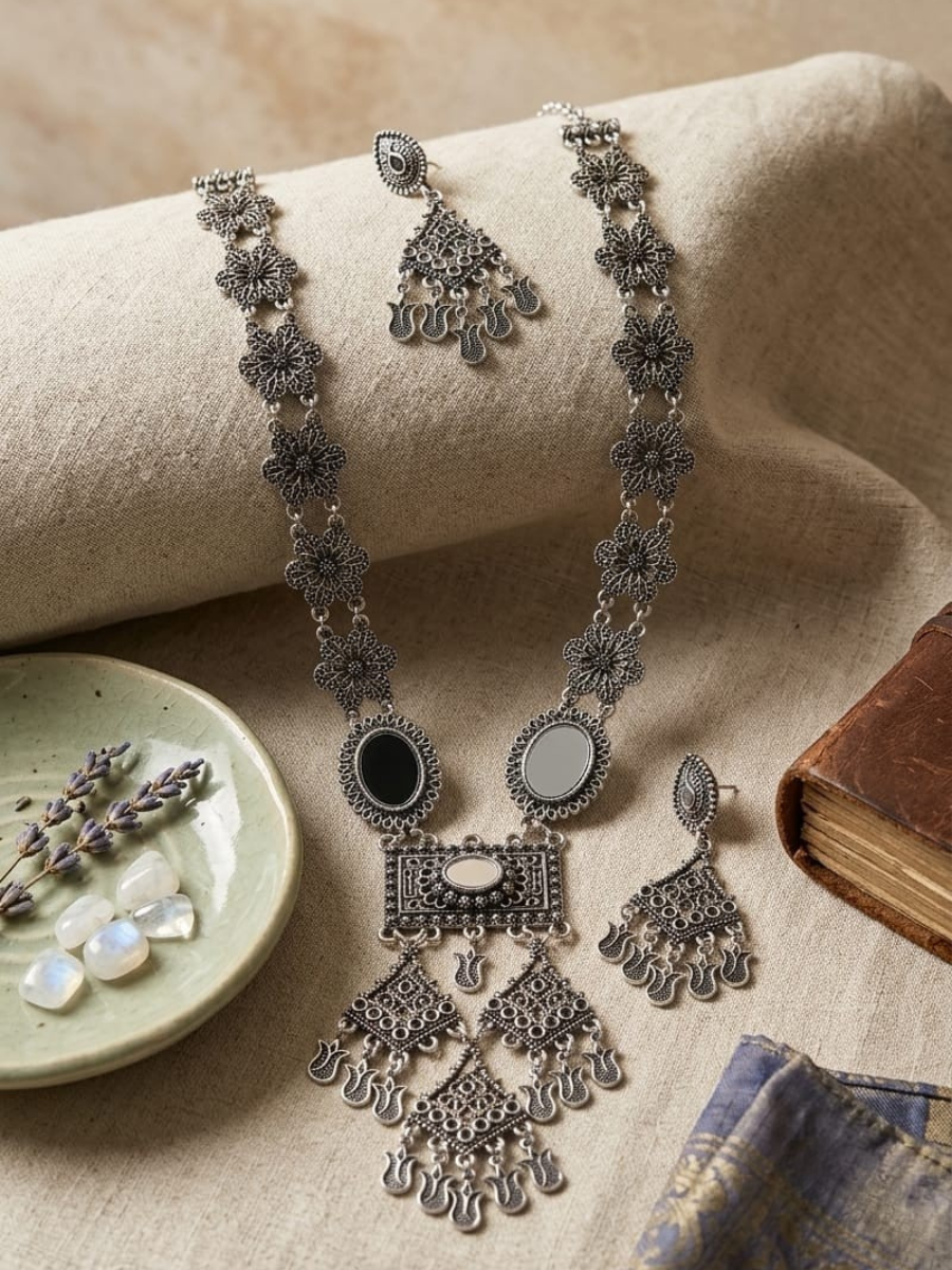 Buy Floral Pattern Long Oxidised Silver Mirror Necklace Set Online in India