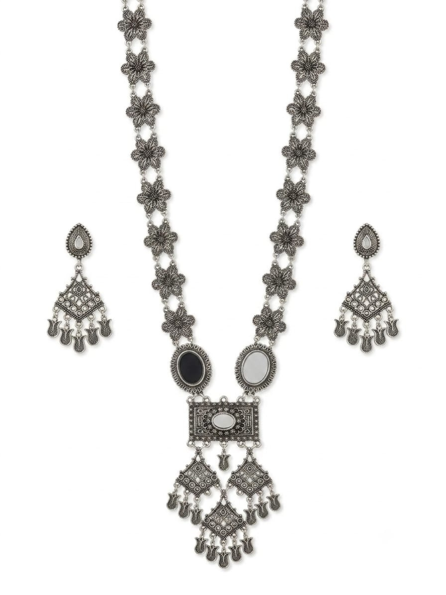 Floral Pattern Long Oxidised Silver Mirror Necklace Set