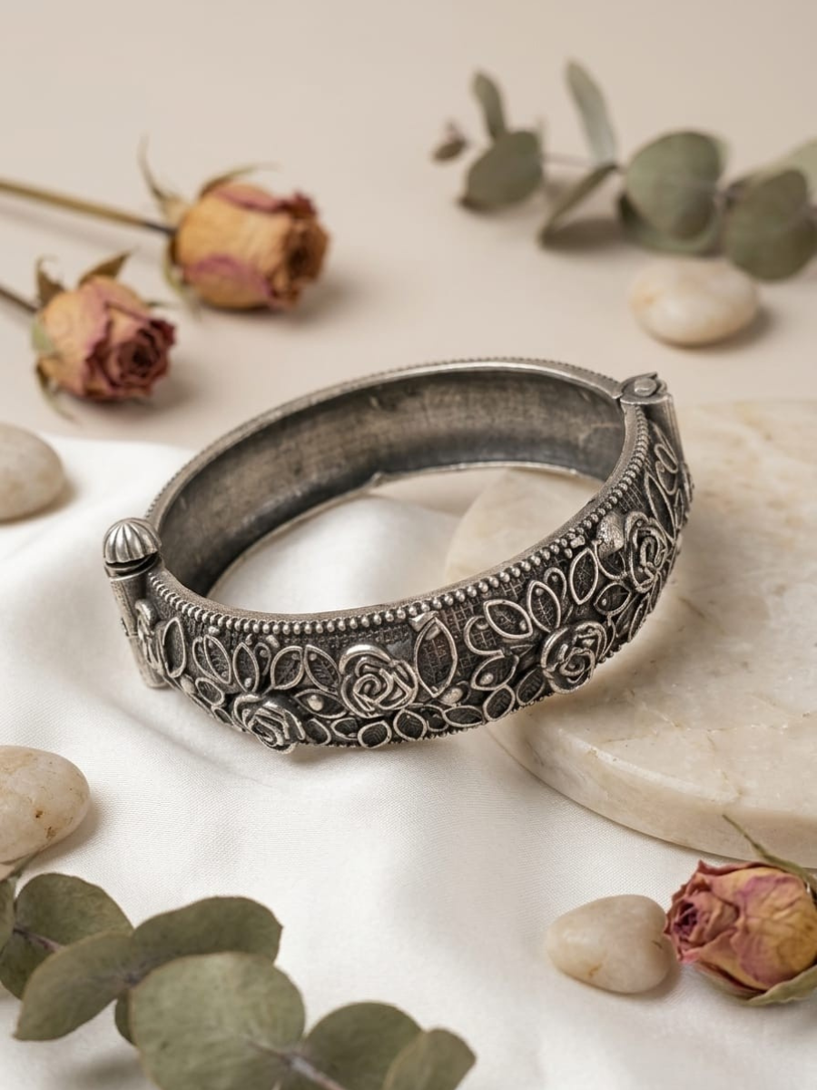 Buy Flower Style German Silver Oxidised Thin Kada Bangle Online in India