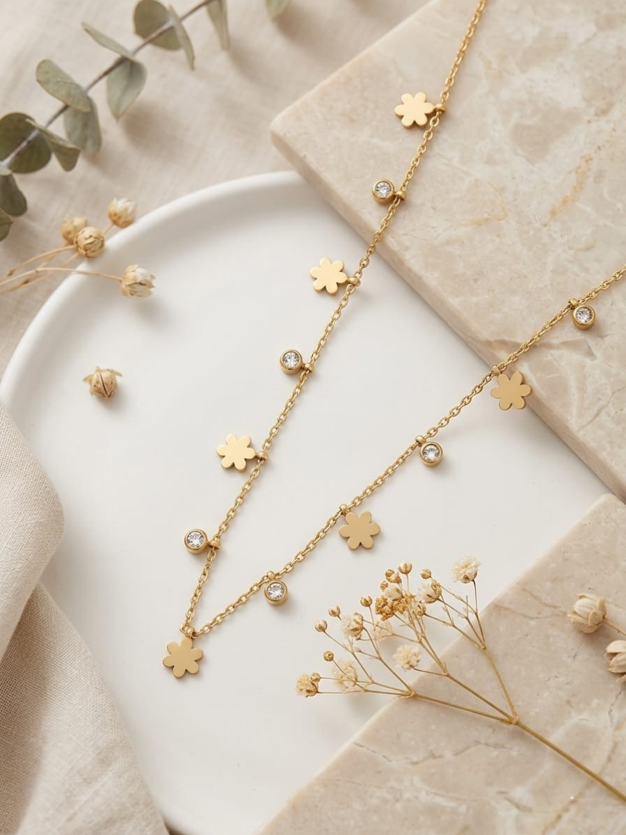 Buy Flower and Diamond Charms Golden Chain Necklace Online in India