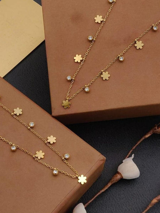 Flower and Diamond Charms Rose Gold Chain Necklace