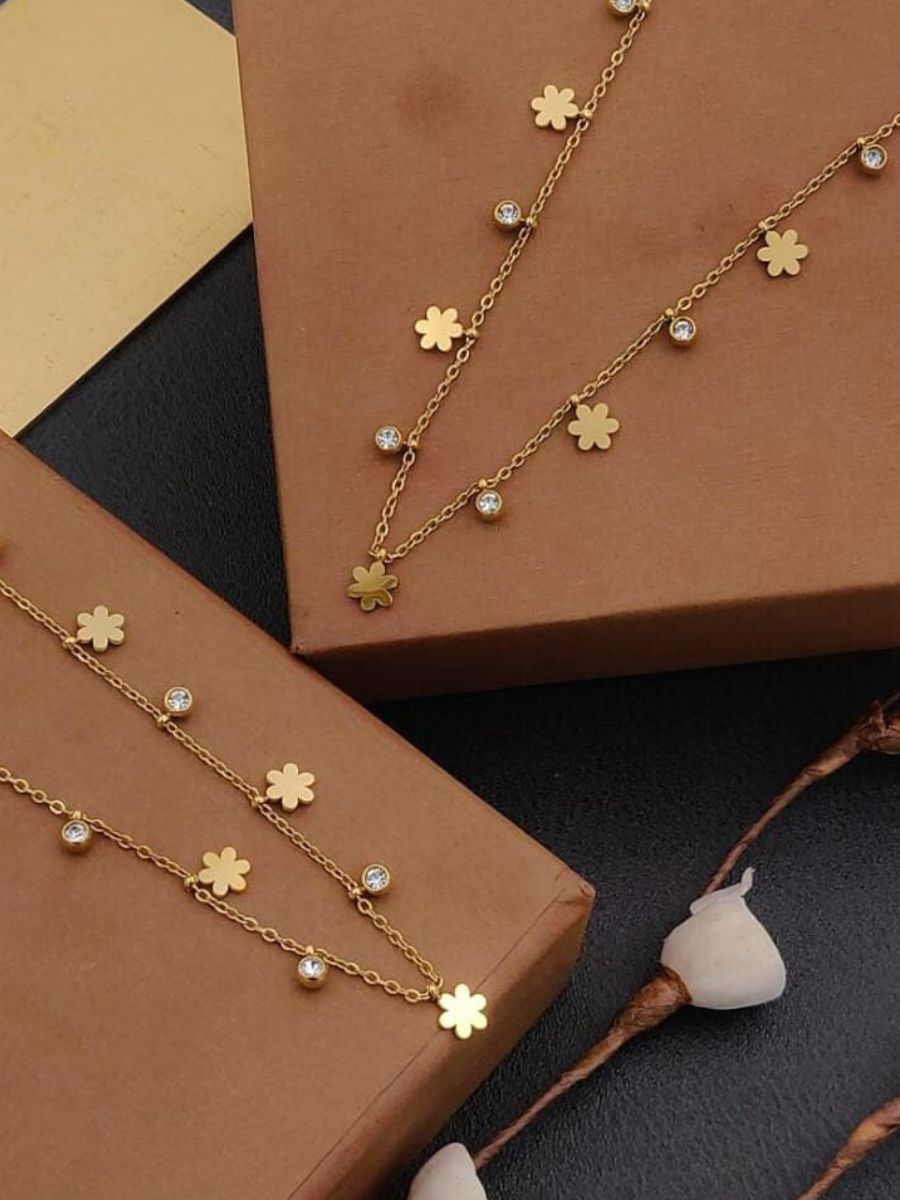 Flower and Diamond Charms Rose Gold Chain Necklace