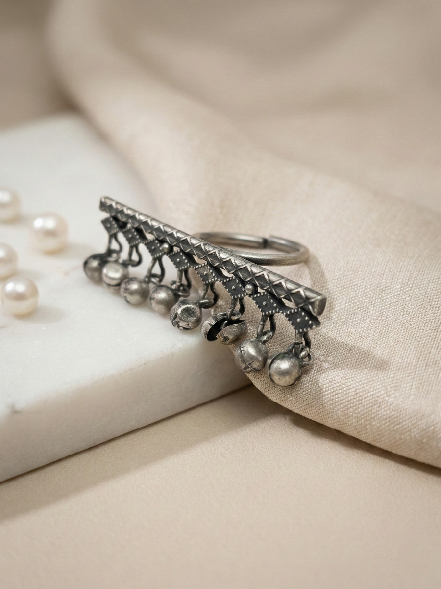 Buy German Silver Oxidised Kolhapuri Gunghroo Ring Online in India