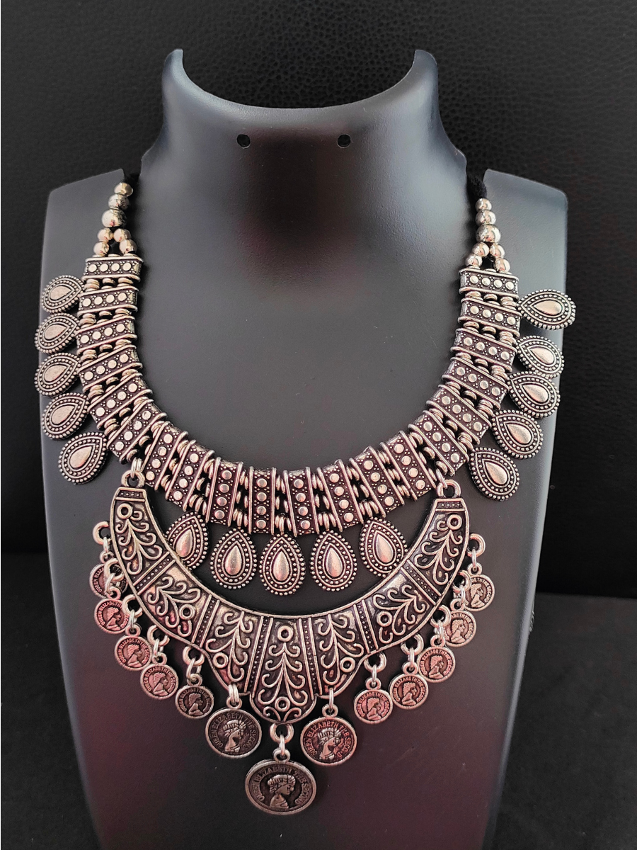 Ginni Coin Inspired Double Layer Oxidised Silver Necklace