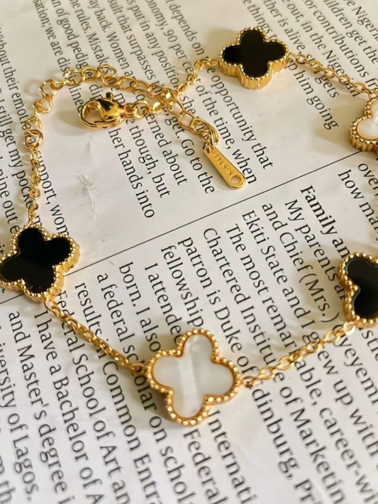 Gold Plated Black and White Reversible Clover Charm Bracelet