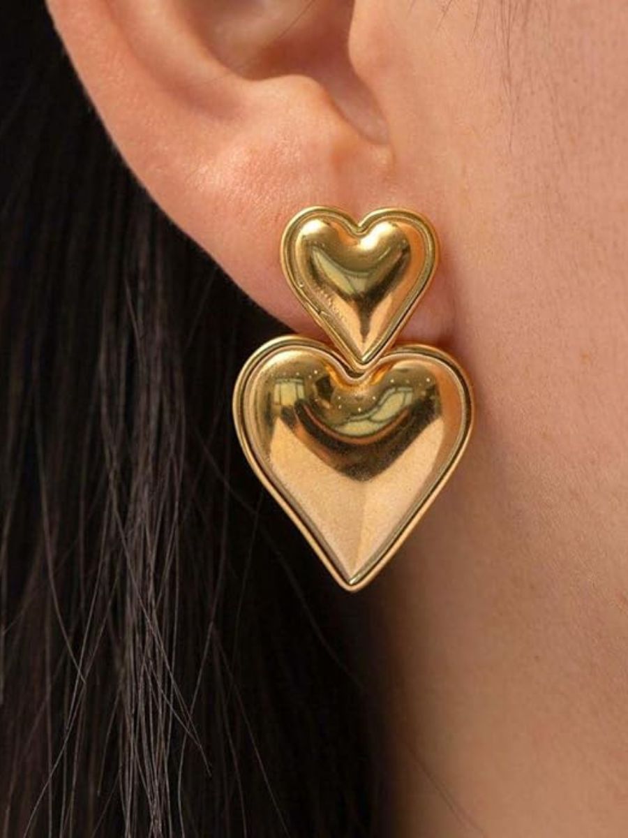 Gold Plated Korean Style Double Heart Drop Earrings
