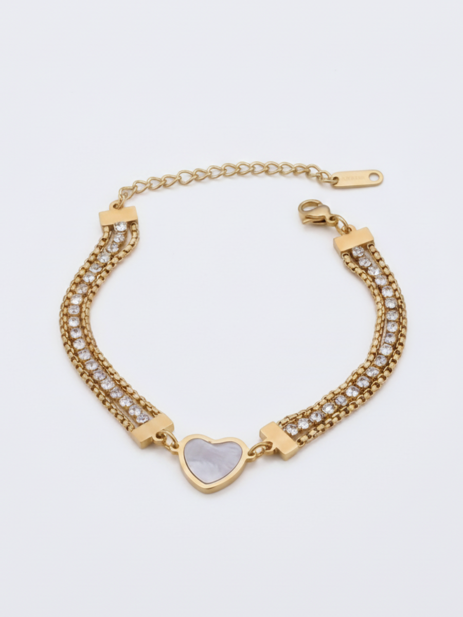 Gold Plated Triple Strand Heart Charm Zircon Bracelet