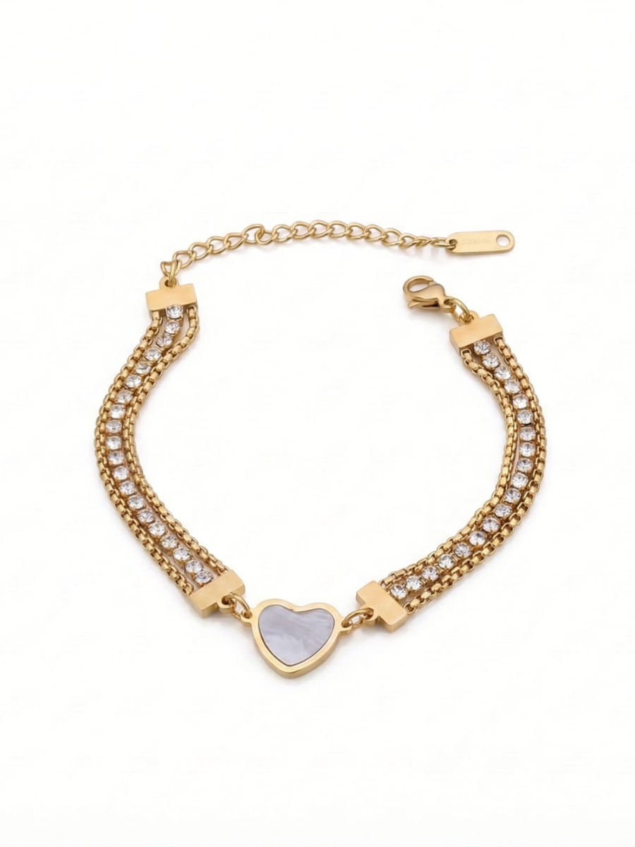 Gold Plated Triple Strand Heart Charm Zircon Bracelet