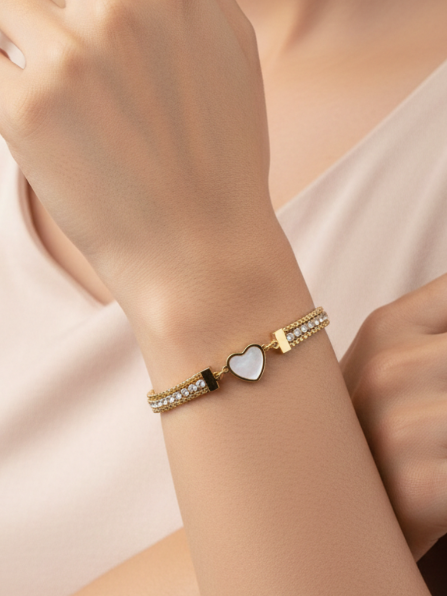 Gold Plated Triple Strand Heart Charm Zircon Bracelet