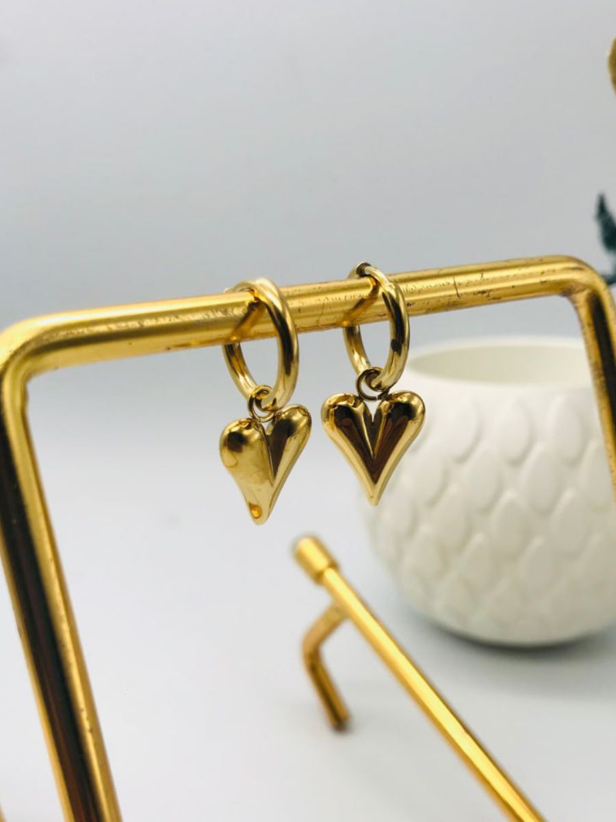 Golden Plated Heart Charm Hanging Huggie Hoop Earrings