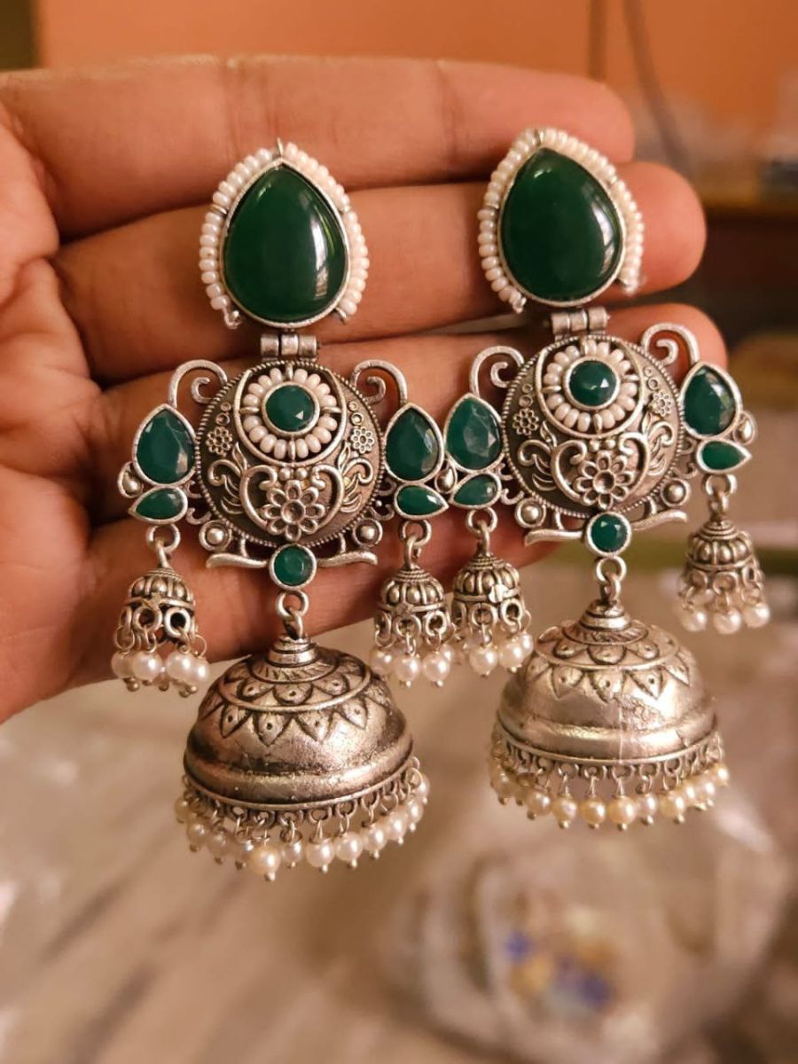 Green Color Big German Silver Oxidised Jhumka Earrings - Real Pic