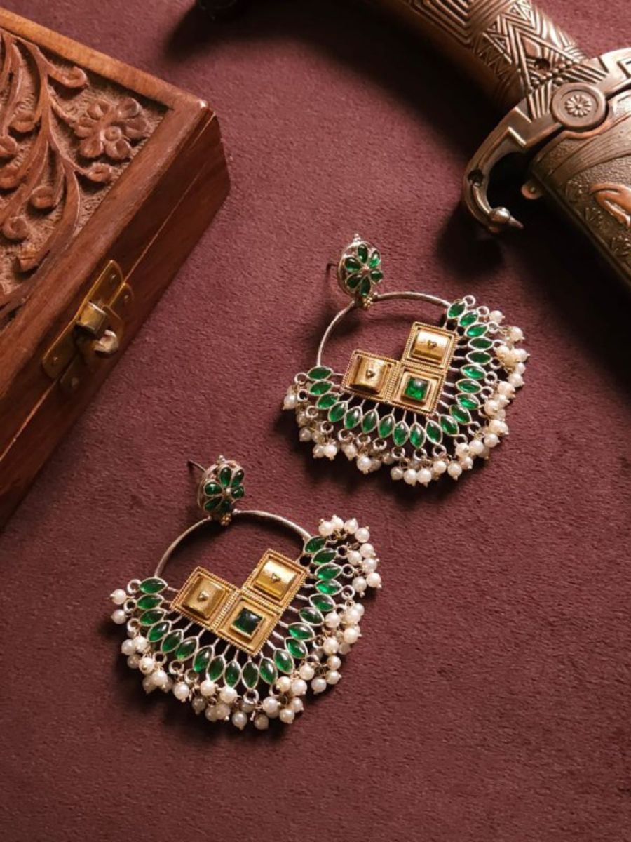 Buy Green Dual Tone German Silver Oxidised Chandbali Earrings - TheJewelbox