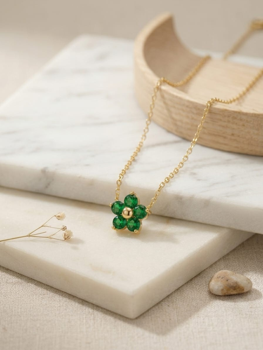 Buy Green Flower Pendant Minimal Golden Chain Necklace Online in India