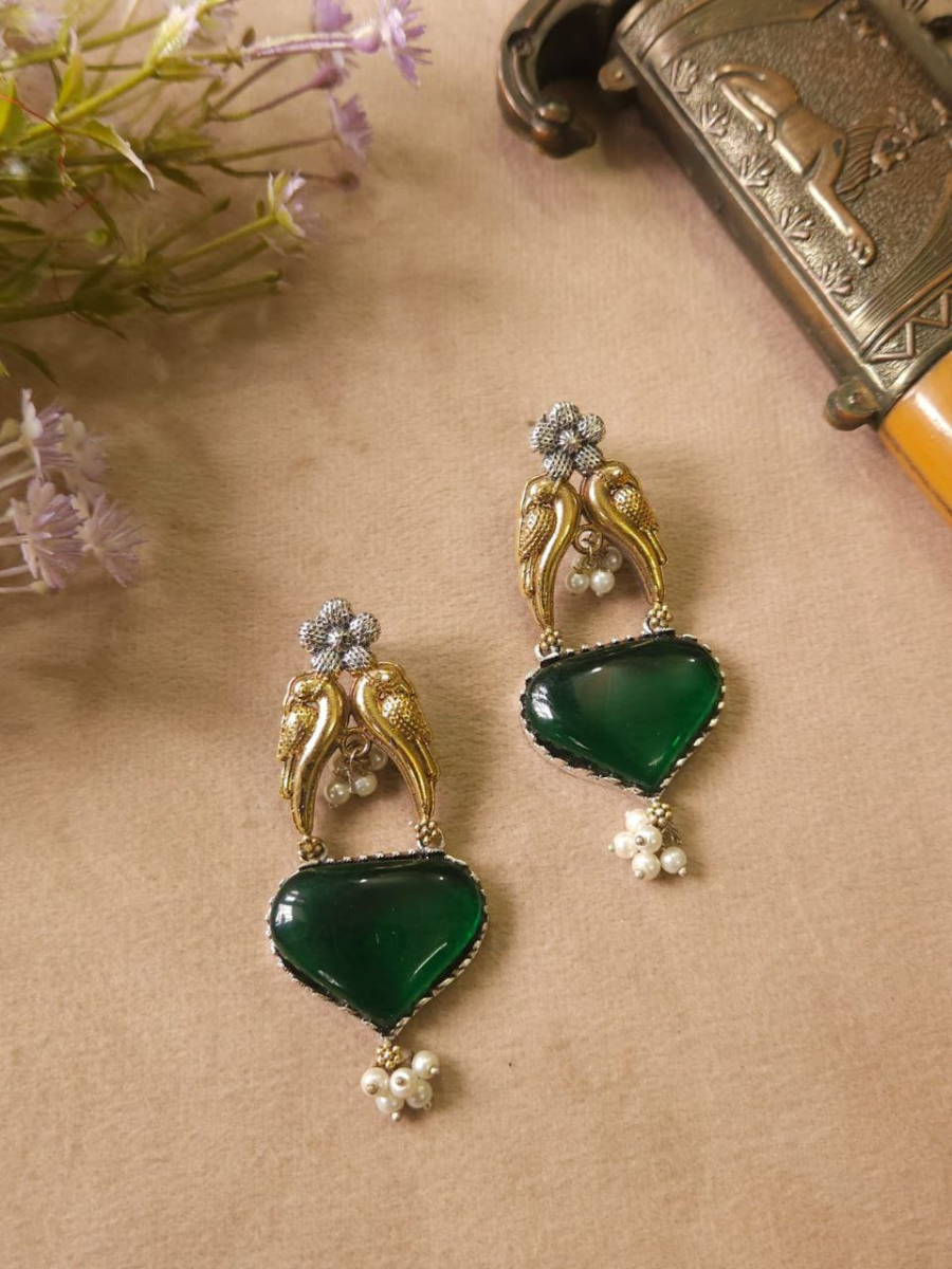 Buy Green Monalisa Stone Dual Tone Oxidised Stud Earrings Online - TheJewelbox