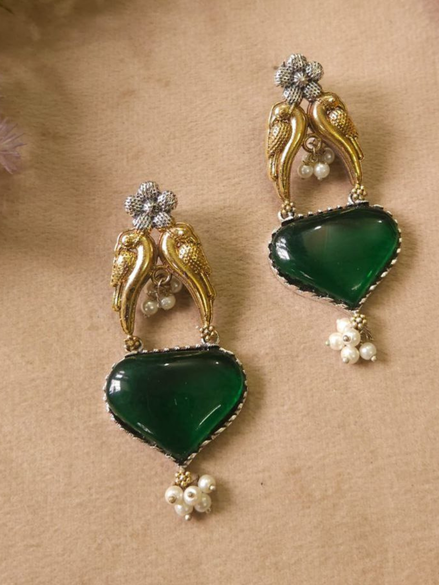 Green Monalisa Stone Dual Tone Oxidised Stud Earrings