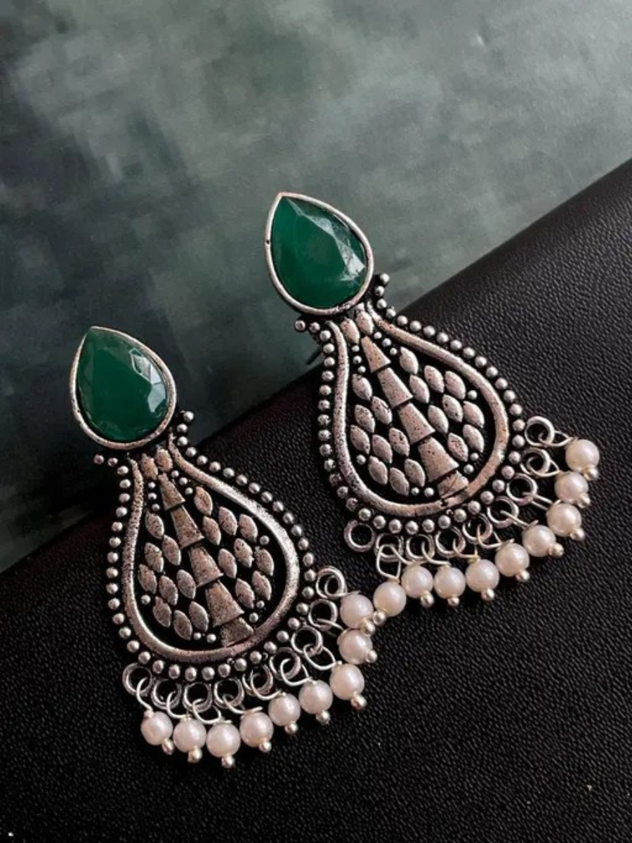 Buy Green Monalisa Stone Oxidised Silver Teardrop Earrings Online - TheJewelbox