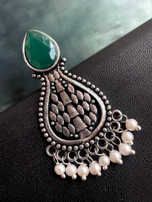 Green Monalisa Stone Oxidised Silver Teardrop Earrings