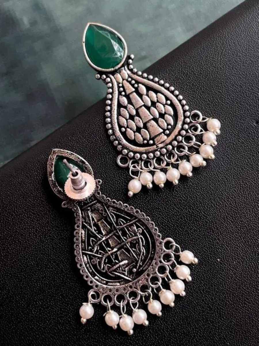 Oxidised Silver Green Monalisa Stone Teardrop Earrings