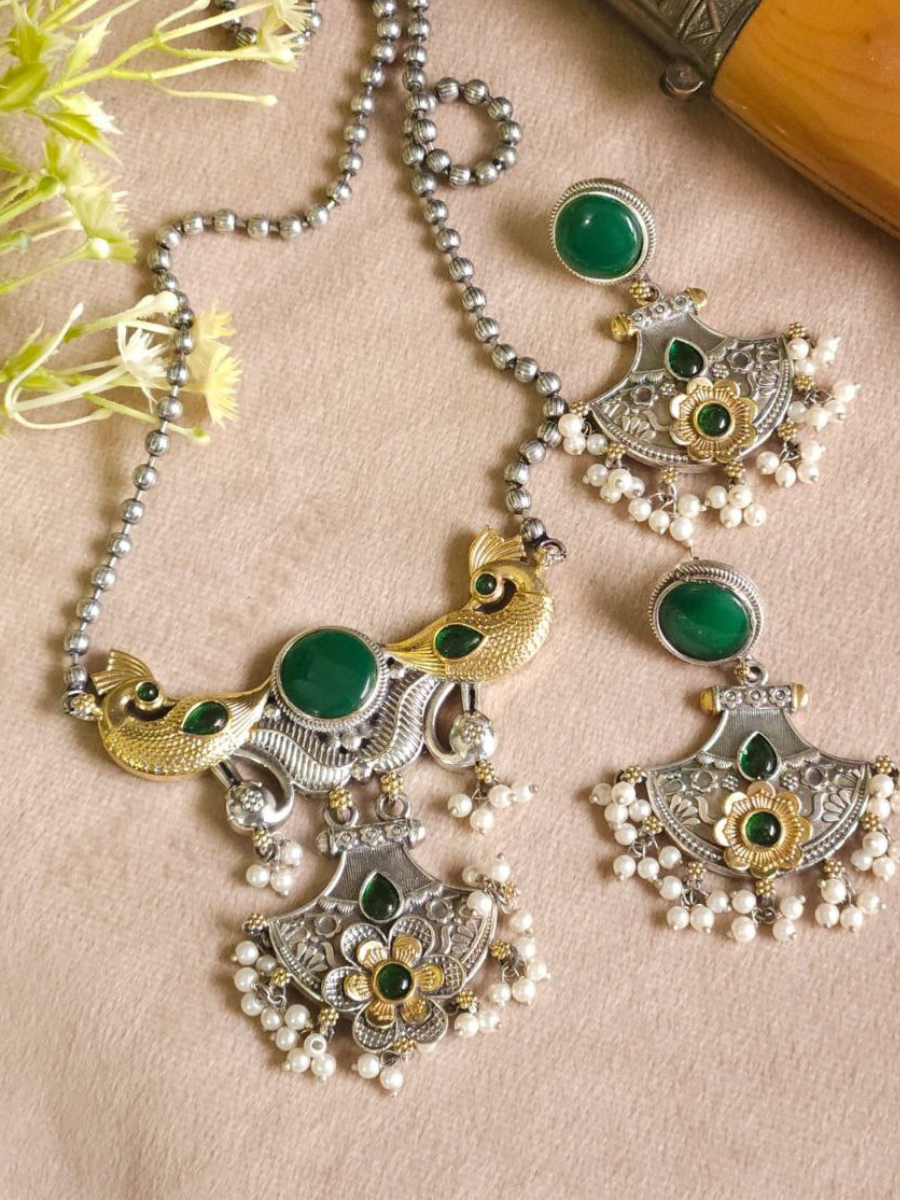 Green Stone Dual Tone Oxidised Long Chain Necklace Set