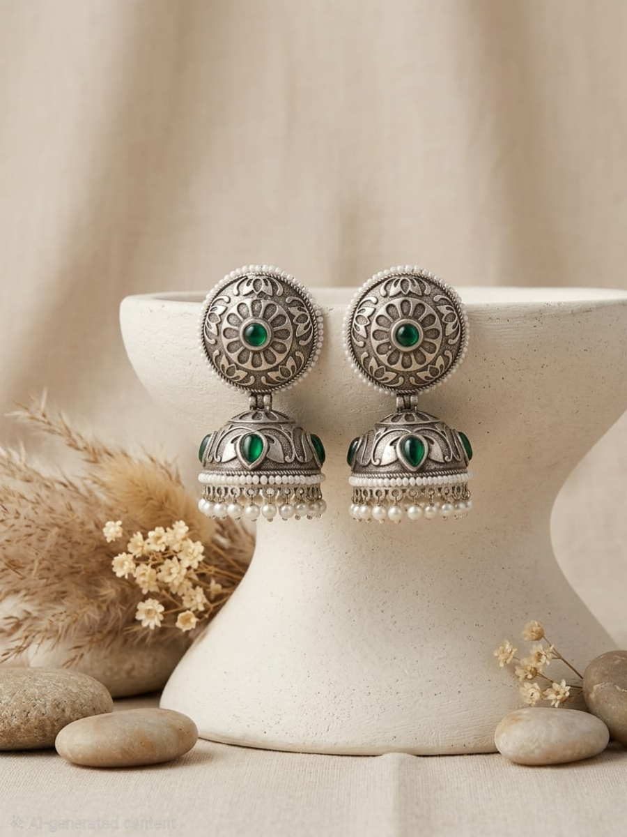 Buy Green Stone German Silver Oxidised Jhumka Earrings Online in India