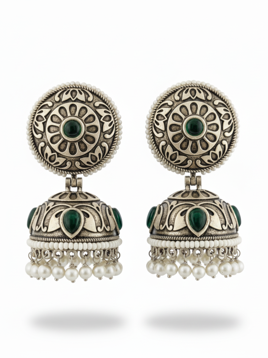 Green Stone German Silver Oxidised Jhumka Earrings