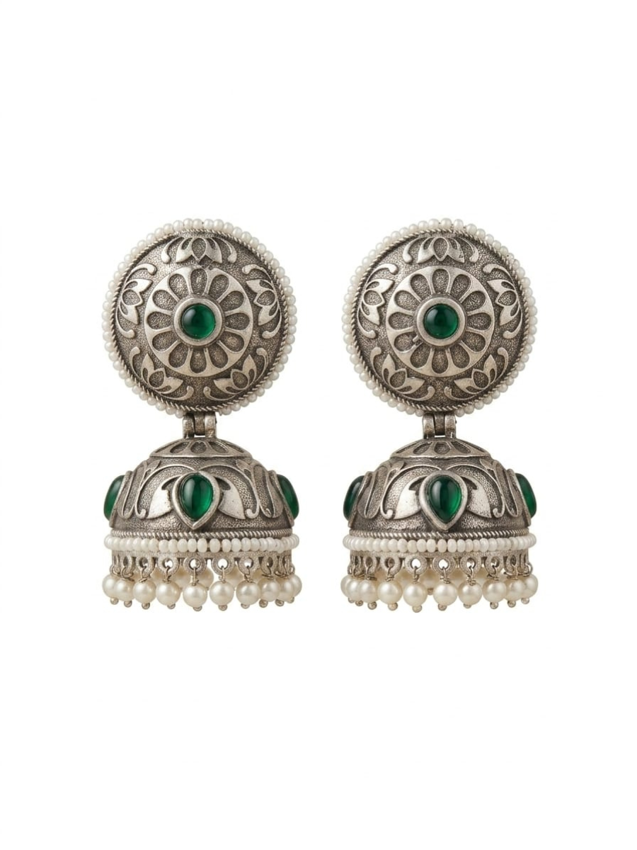 Green Stone German Silver Oxidised Jhumka Earrings