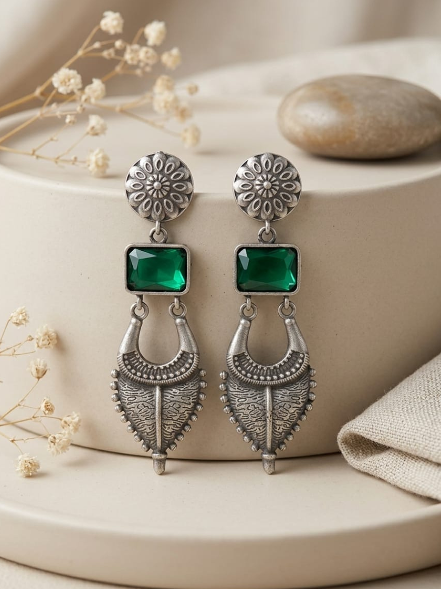 Emerald green gemstone oxidised earrings
