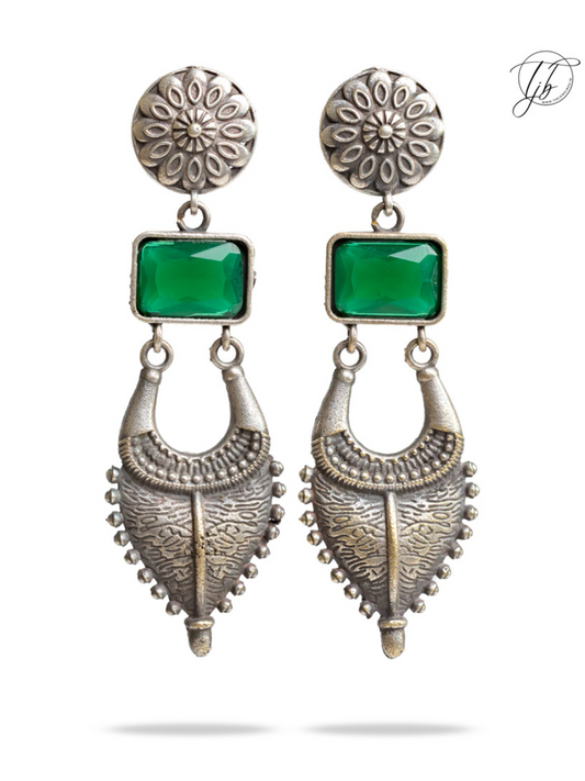 Green Stone Long German Silver Earrings