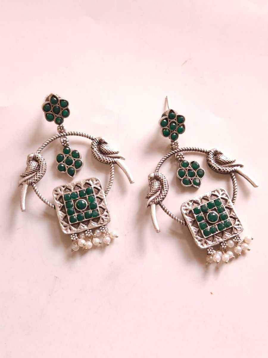 Buy Green Stone Oxidised Silver Lookalike Chandbali Earrings - TheJewelbox