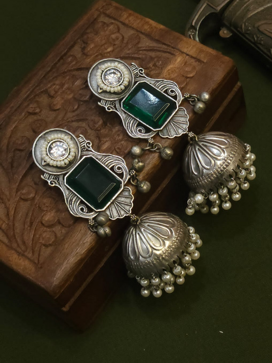 Green Stone Studded Big Oxidised Silver Jhumka Earrings